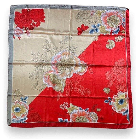 Unbranded Accessories - Red Flowers Scarf Unisex Vtg Beige Headscarf Tied 35 X 35 In Gift